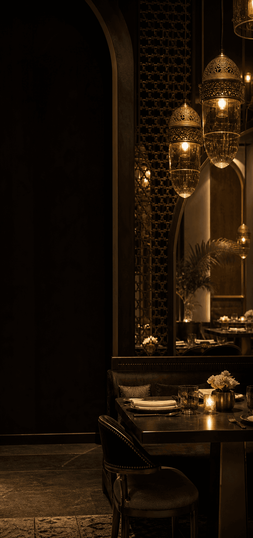 An intimate Nawabi Bites dining room with warm brass lighting