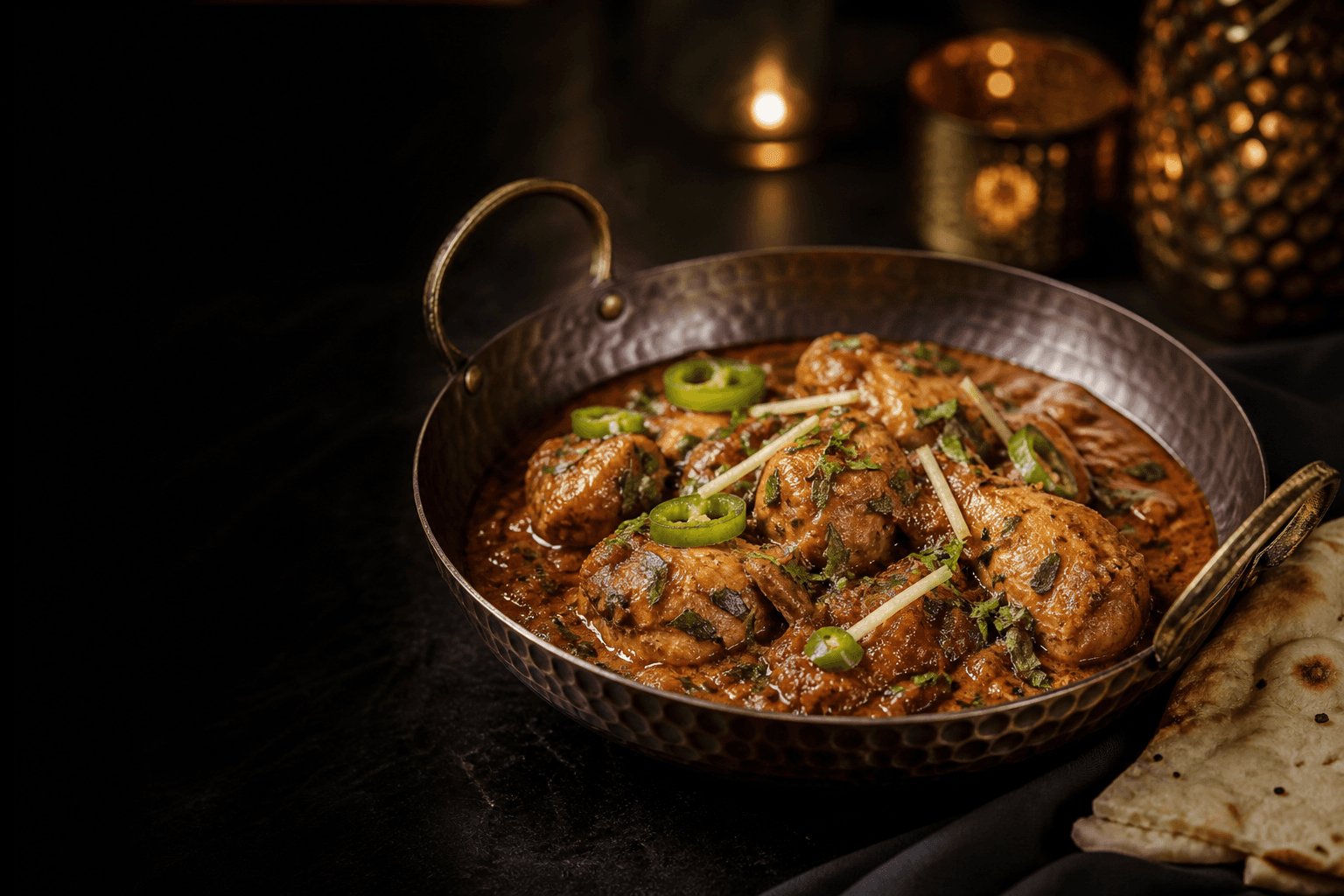 Chicken karahi served by candlelight